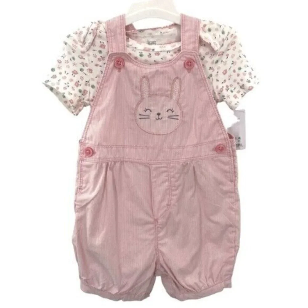Carters Girls Pink Bunny Rabbit Overalls And Floral Top Set New